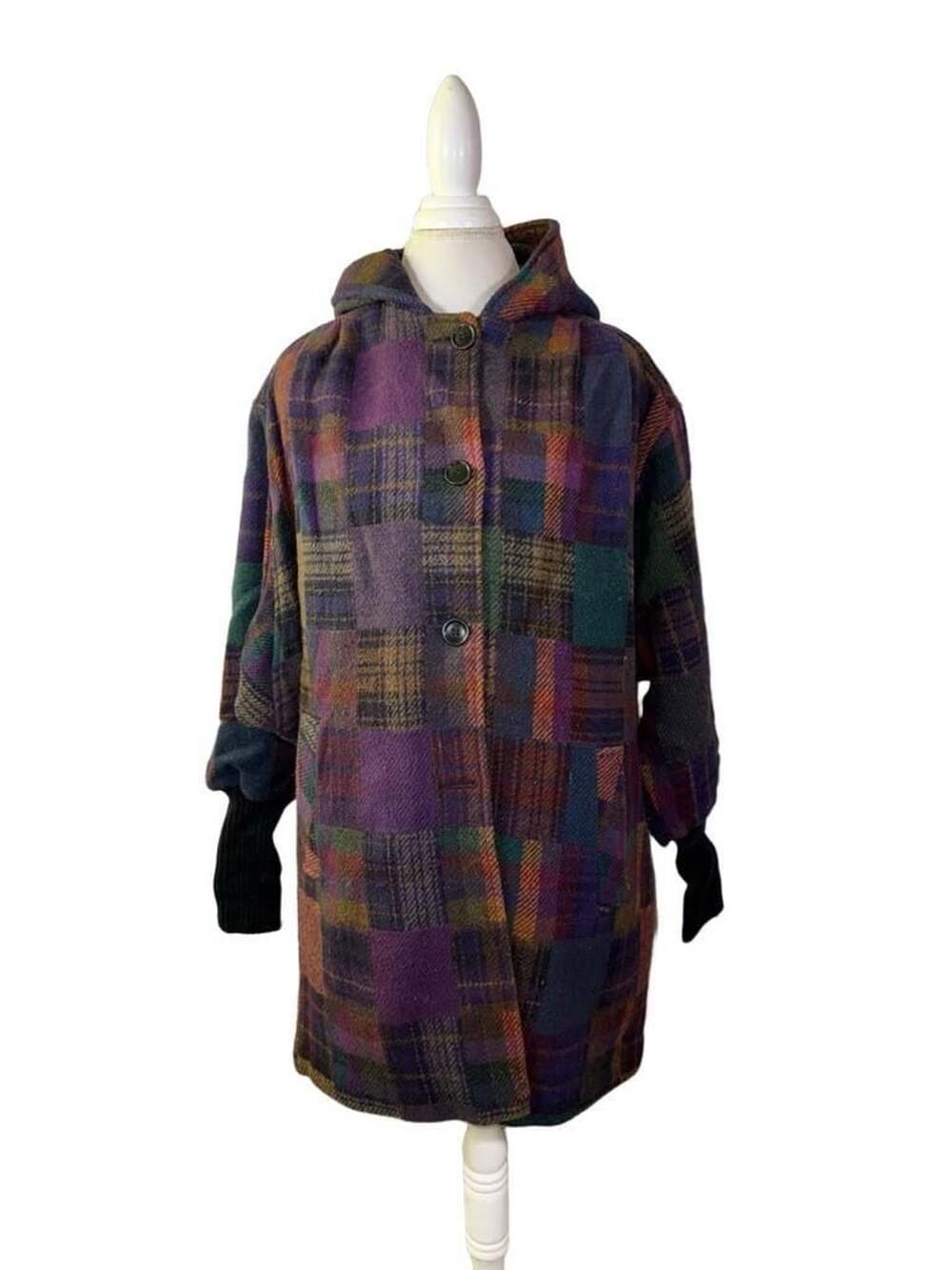 Bambi Fashions Vintage Multi-Color Plaid Patchwork Hooded Coat with Knit Cuffs